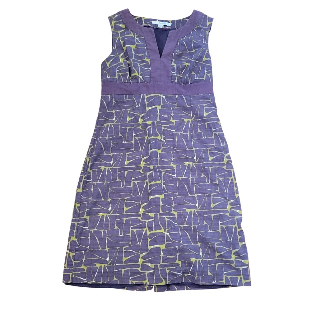 Boden 8R Shift Dress Purple Green Abstract Geometric Cotton WH249 Mod Skimming